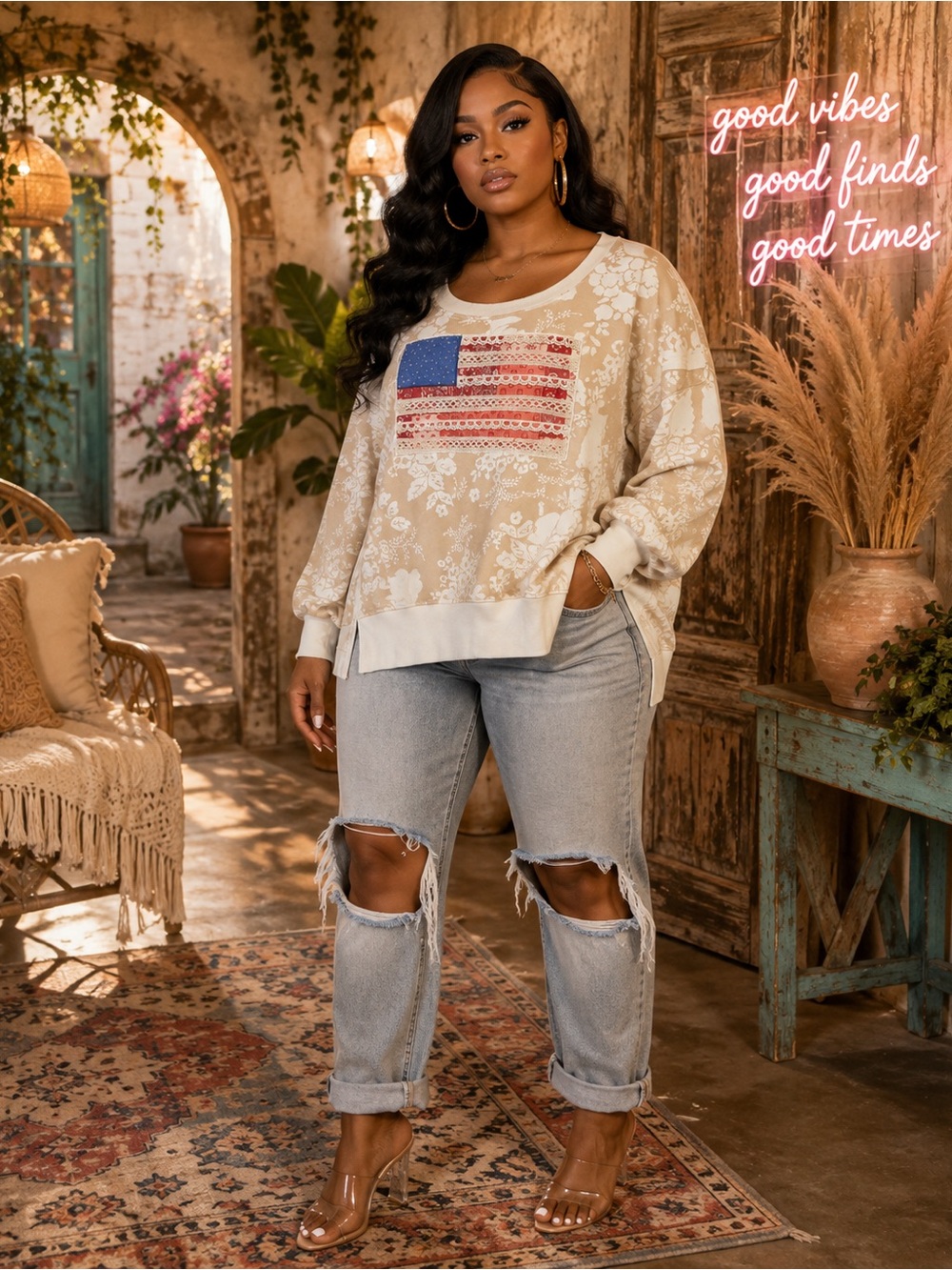Simply Southern Floral Print Beige Pullover sweatshirt with Flag Detail